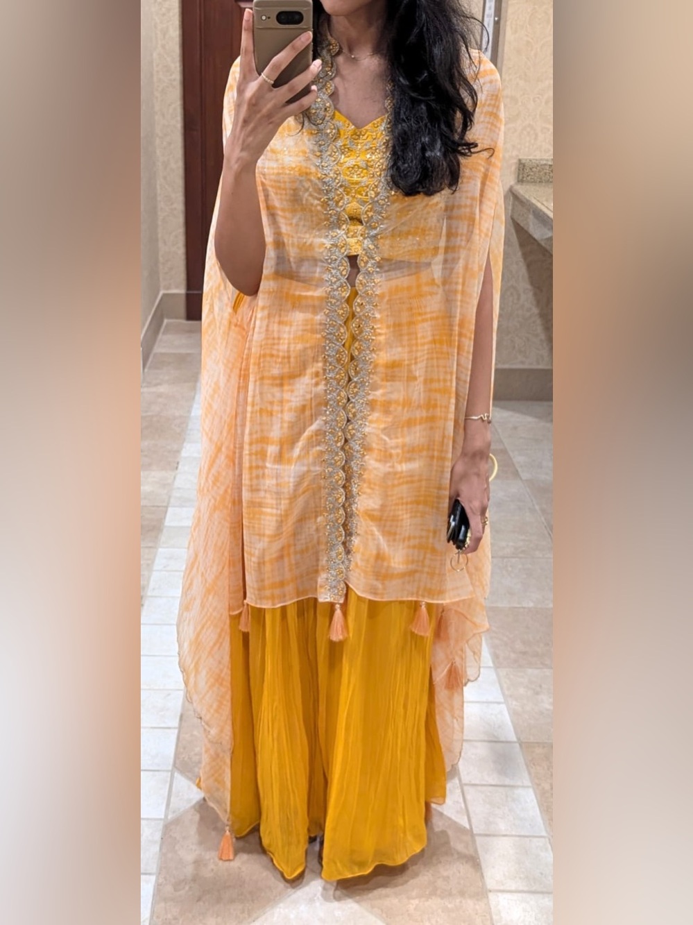 Haldi Yellow Embellished Women’s Lehenga pant  Set with Dupatta Cape